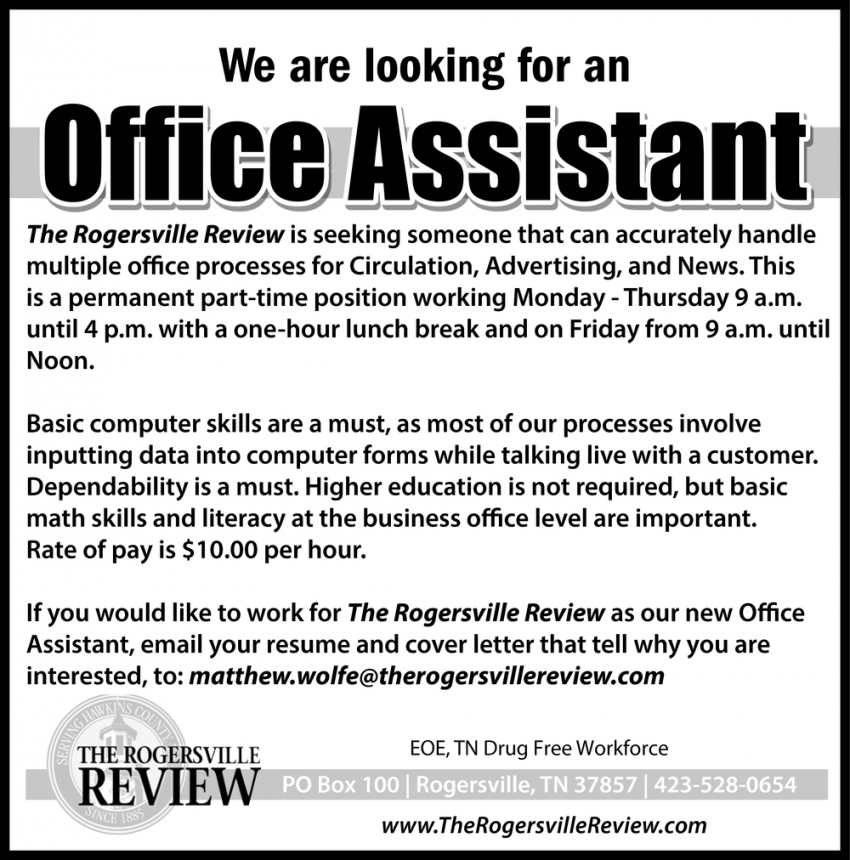 Office Assistant, The Rogersville Review, Rogersville, TN